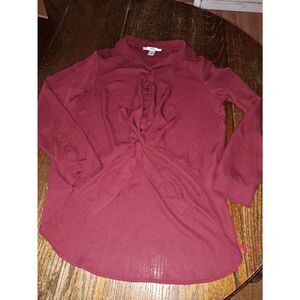 Small Wisp Burgandy Long Sleeve Front Gaux Knot Waist Blouse Shirt Top